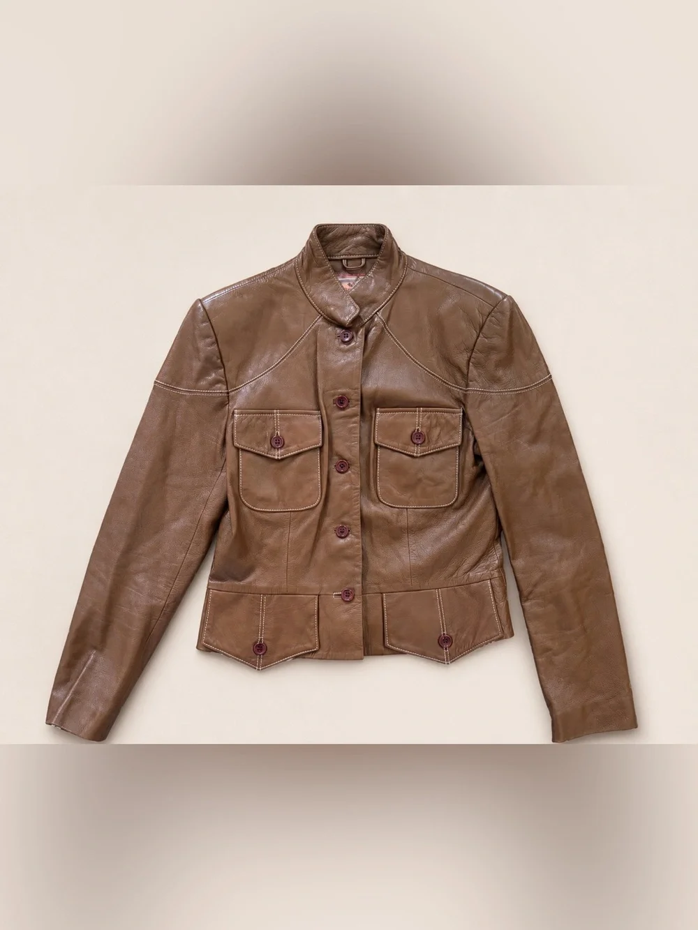 Vintage Y2K Zelda Cognac Lamb Leather Jacket Utility Pocket Boho Size 8 - Picture 2 of 7
